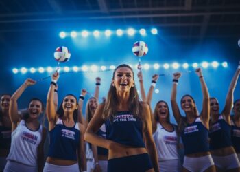 Stadyumda ellerinde voleybol toplarıyla zafer kutlayan kadın voleybolcular.