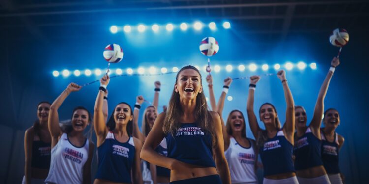 Stadyumda ellerinde voleybol toplarıyla zafer kutlayan kadın voleybolcular.