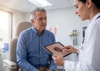 Bir doktor tablet bilgisayar üzerinden yaşlı hastasına ciltteki bir lekeyi gösteriyor.