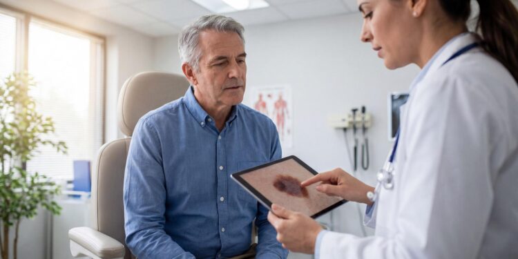 Bir doktor tablet bilgisayar üzerinden yaşlı hastasına ciltteki bir lekeyi gösteriyor.