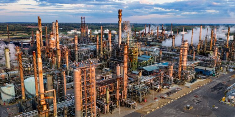 Gün batımında dumanlar çıkaran büyük bir endüstriyel petrol rafinerisi tesisi.
