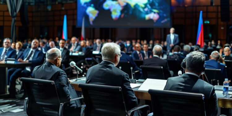 Uluslararası bir zirvede toplantı yapan liderlerin arkadan görünümü