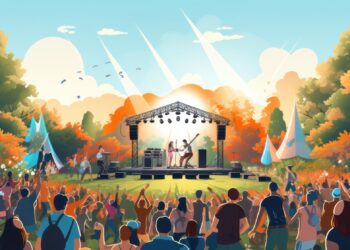 Ağaçlar arasında sahnesi ve kalabalık izleyicileri olan açık hava festivali illüstrasyonu.