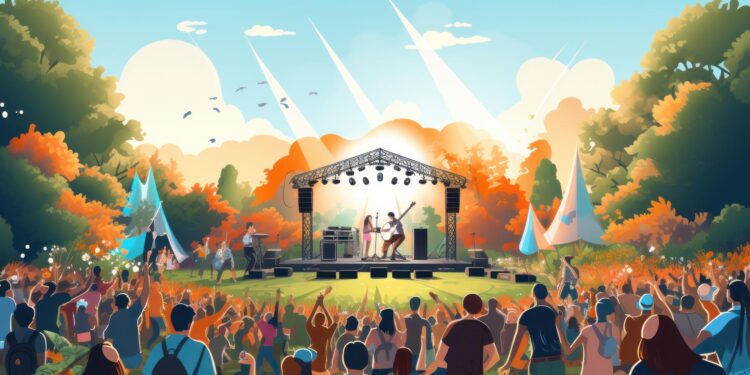 Ağaçlar arasında sahnesi ve kalabalık izleyicileri olan açık hava festivali illüstrasyonu.