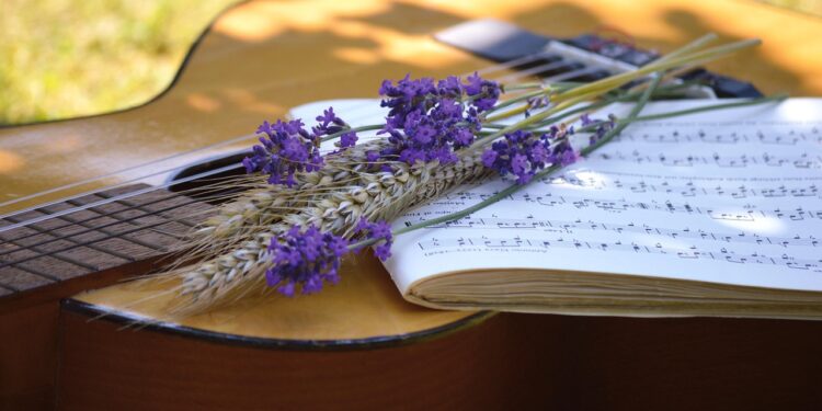 Akustik gitarın üzerinde nota defteri, lavanta demeti ve başaklar yer alıyor.