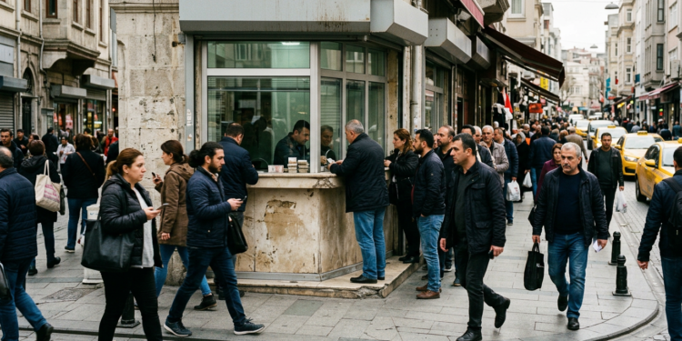 Kalabalık bir sokakta yürüyen insanlar ve arkada bir büfe yer alıyor.