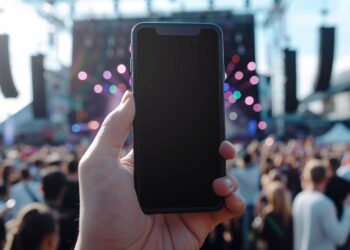 Açık havada kalabalık bir konser alanında akıllı telefon tutan bir el.