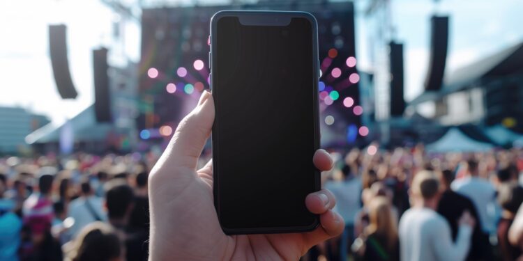 Açık havada kalabalık bir konser alanında akıllı telefon tutan bir el.