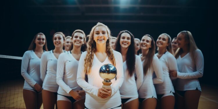 Kutlama yapan ve ellerinde kupa tutan voleybolcu kadınlar.