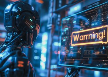 Koyu renkli fütüristik bir robot parlak uyarı ekranına bakıyor.