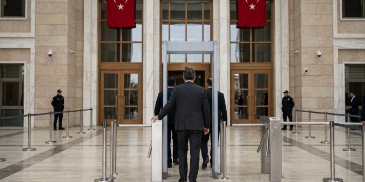 Bir binanın girişinde güvenlik kontrol noktasından geçen insanlar ve görevliler.