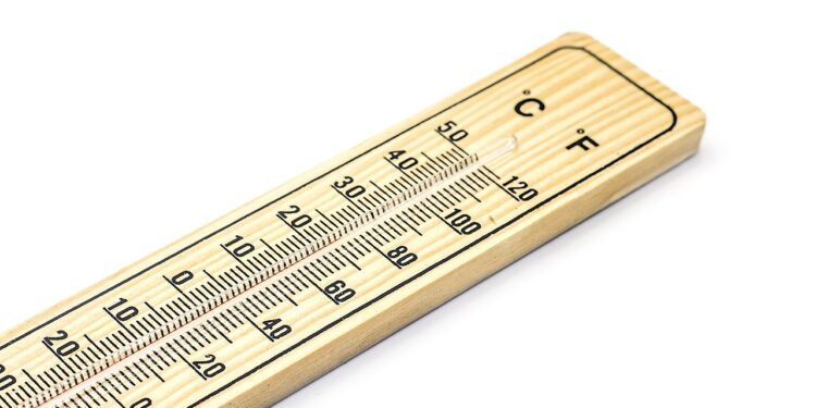 Ahşap bir zemine yerleştirilmiş Celsius ve Fahrenheit derecelerini gösteren bir termometre.