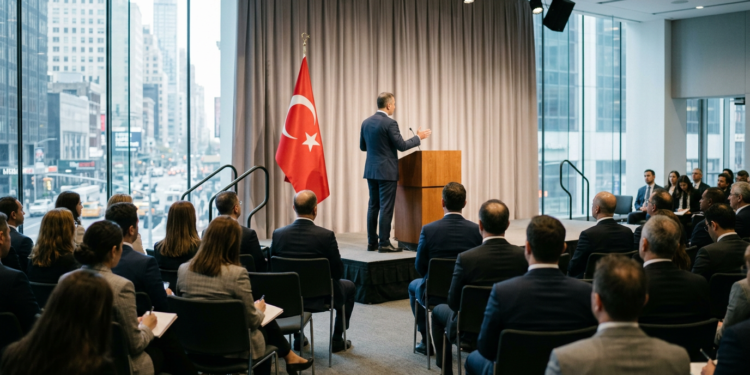 New York'taki yatırım konferansında konuşma yapan bir yetkili ve dinleyiciler.