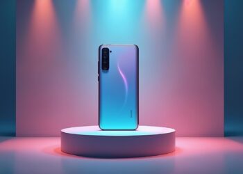 Stant üzerinde aydınlatılmış arka planlı şık akıllı telefon modeli.