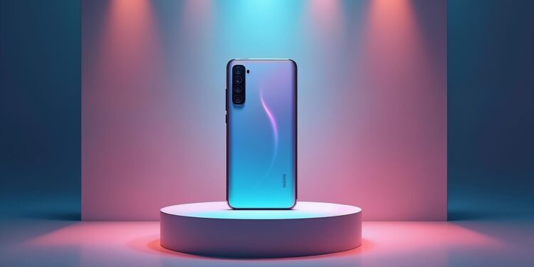 Stant üzerinde aydınlatılmış arka planlı şık akıllı telefon modeli.
