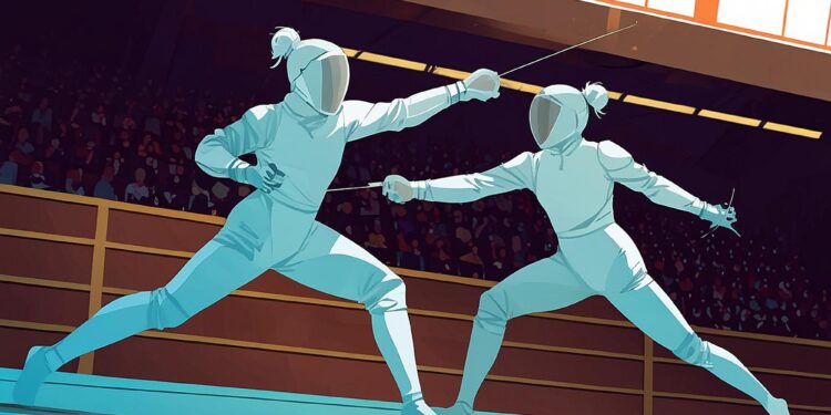 Kapalı salonda eskrim sporunu yapan iki sporcunun illüstrasyon çizimi.