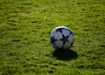 Çim sahada duran klasik desenli siyah beyaz futbol topu.
