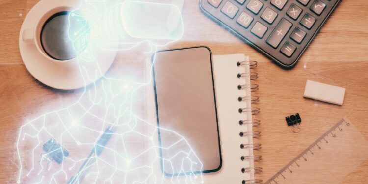 Ahşap masada akıllı telefon, hesap makinesi ve sanal gerçeklik başlığı illüstrasyonu.