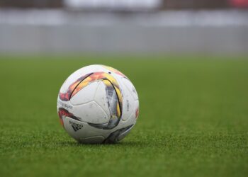 Çim saha üzerinde duran ve üzerinde Adidas logosu bulunan futbol topu