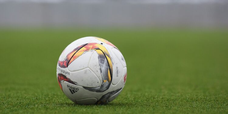 Çim saha üzerinde duran ve üzerinde Adidas logosu bulunan futbol topu