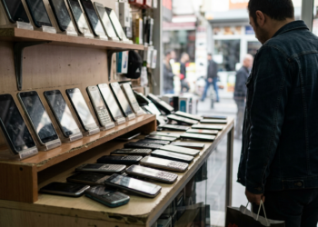 Bir cep telefonu dükkanında sergilenen uygun fiyatlı akıllı telefon modelleri ve bir müşteri.