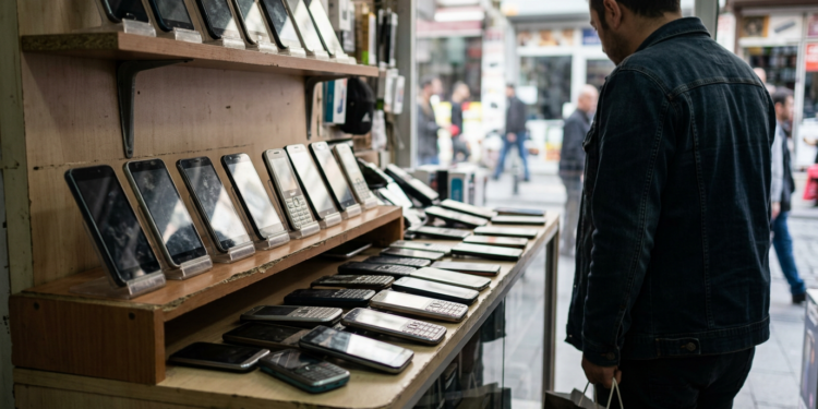 Bir cep telefonu dükkanında sergilenen uygun fiyatlı akıllı telefon modelleri ve bir müşteri.