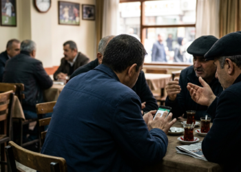 Bir kahvehanede akıllı telefon kullanan ve çay içen yaşlı erkekler.