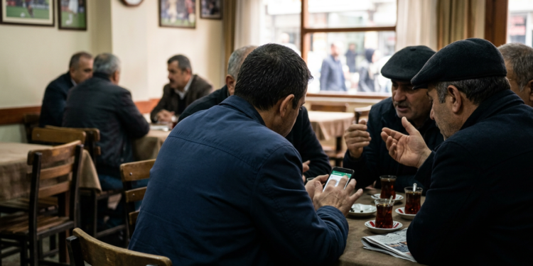 Bir kahvehanede akıllı telefon kullanan ve çay içen yaşlı erkekler.