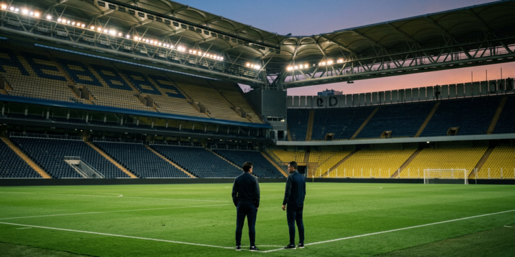 Alacakaranlıkta boş bir futbol sahasında duran teknik ekibi temsil eden iki figür.