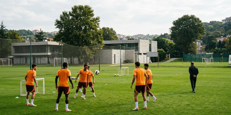 Futbolcular çim sahada antrenman yaparken antrenör onları izliyor.