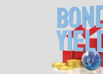 Üzerinde bond yield yazan harfler, yükselen grafikler, paralar ve bir dünya küresi.