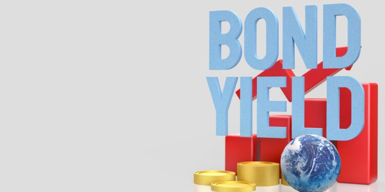 Üzerinde bond yield yazan harfler, yükselen grafikler, paralar ve bir dünya küresi.